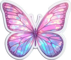 a pink and blue butterfly sticker sitting on top of a white surface with lots of light