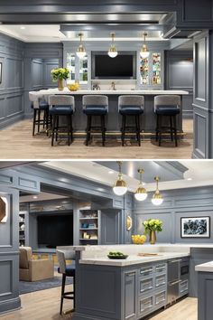 two pictures of a kitchen with gray cabinets and white counter tops, an island in the middle