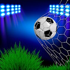 a soccer ball is in the goal net with blue lights behind it and green grass