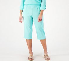 Paired with tees, tanks, and tunics, these capri pants are a style staple for spring and summer. From Belle by Kim Gravel. Summer Beach Capris, Casual Vacation Capris, Casual Capris For Vacation, Casual Relaxed Fit Capris For Vacation, Comfortable Summer Pants For A Day Out, Casual Ankle-length Beach Capris, Spring Vacation Pants With Pull-on Style, Summer Vacation Capri Length Bottoms, Comfortable Vacation Pants For Spring