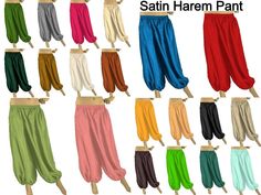 Dance Women, Harem Pant, Hippie Pants, Satin Pants, Boho Pants, Elastic Belt, Belly Dancing, Satin Color, Clothing Size Chart