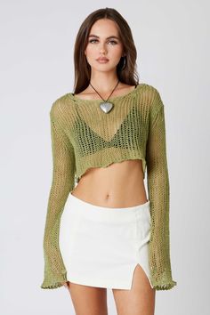 Crochet Cold Shoulder Top, Crochet Long Sleeve Top Outfit, Crochet Going Out Top, Knit Mesh Top, Crochet Top Outfit Summer, Green Crochet Top, Green Top Outfit, Sheer Knit Top, Red Crochet Top