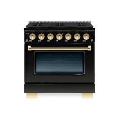 a black oven with gold trim and knobs on the front, against a white background