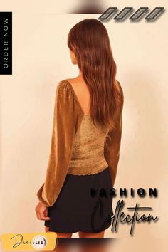 Sexy Square Neck Velvet Long Sleeve Top Fitted Brown Blouse For Winter, Fitted Brown Winter Blouse, Non-stretch Tops For Night Out In Fall, Brown Tops For Fall Night Out, Brown Top For Night Out In Fall, Brown Fall Top For Night Out, Brown Long Sleeve Party Tops, Brown Winter Party Tops, Winter Party Brown Tops