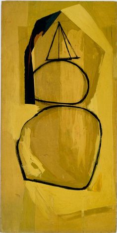 an abstract painting with black lines on yellow and brown colors, including a boat in the middle