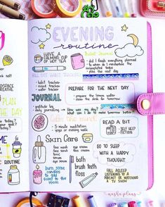 Everyday Planner Ideas, Daily Routine Journal Ideas, Bullet Journal Routine Layout, Morning Routine Journal Ideas, Morning Routine Journal Page, Evening Routine Journal, Daily Routine Bullet Journal, Bujo Routine, Skincare Routine Journal