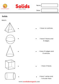 Students will recognize the solids with this worksheet. Grade 4 Worksheets, Grade 4 Math, Surface Area And Volume, Grade 5 Math Worksheets, Math Fractions Worksheets, Maths Worksheet, Geometry Shapes, 3rd Grade Math Worksheets