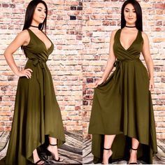 Olive Plunge Neckline, Sleeveless Flow Maxi Dress Spring V-neck Sleeveless Dress For Night Out, V-neck Sleeveless Sundress For Evening, Green Sleeveless V-neck Party Dress, Sleeveless V-neck Sundress For Party, Sleeveless V-neck Dress For Date Night, Sleeveless V-neck Sundress For Date Night, V-neck Sleeveless Sundress For Date Night, Chic Green Sleeveless V-neck Dress, Summer Sleeveless V-neck Cocktail Dress