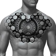 a man's chest with hexagons on it and an intricate design