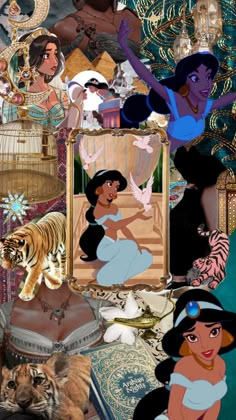 disney princesses collage with cats and other things in the background, including an image of