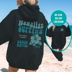 "Hawaiian Surf Sweatshirt. Lightweight, fine gauge crewneck sweatshirts for women are perfect for layering. This is a must-have for any season.  Trending sweatshirt: https://etsy.me/3iSkkmg Trendy shirts: https://etsy.me/3MywvSr Vacation shirts: https://etsy.me/3BcsHPQ 🌻 Please read the full description:   This hoodie/sweatshirt sizing is NOT oversized.  You need to order at least 1-2 sizes larger for the extra baggy look in this photo.  (The normal sizing is UNISEX.) 🔔 Example: if you use size S choose between a size L or XL.  💡 HOW TO PLACE YOUR ORDER: 1. Please Check and Review all the Photos 2. Select your Shirt Color and Size from drop down menu 3. Choose your Quantity as much as you want 4. Click \"Add To Cart\". You can go back to add more of your favorite items 5. Click \"Procee Sporty Oversized Sweatshirt With Back Print, Oversized Sporty Sweatshirt With Back Print, Casual Oversized Sweatshirt With Back Print, Vsco Crew Neck Sweatshirt For Streetwear, Relaxed Fit Hoodie With Back Print And Crew Neck, Casual Surfing Hoodie With Graphic Print, Long Sleeve Hoodie With Letter Print For Surfing, Hooded Letter Print Sweatshirt For Surfing, Casual Letter Print Hoodie For Beachwear