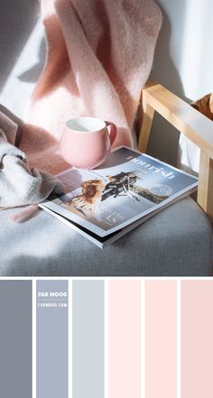 a pink and gray color scheme with coffee cup, blanket and magazine on the couch