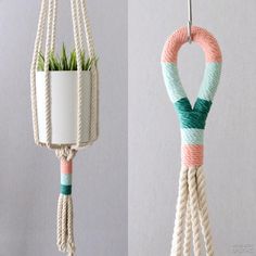 there are two hanging planters made out of rope and one has a potted plant in it