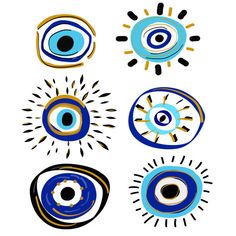 four different types of blue and yellow eyeballs with sunbursts on them