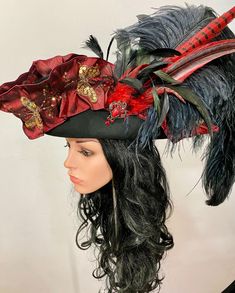 Gothic Lady Tricorn  Only one piece in size 55 is available. (suitable for head circumference up to 55 cm) High quality wool felt with elegantly embroidered brim band, jewelry and opulent feather decoration.. Pirate Hat With Curved Brim For Costume, Elegant Red Ceremonial Headpieces, Elegant Black Ceremonial Costume Hats And Headpieces, Elegant High Crown Headpiece For Costume, Victorian Brimmed Costume Hats And Headpieces, Victorian Brimmed Costume Hat, Elegant Hats For Carnival Costume Party, Elegant Hats For Costume Party And Carnival, Victorian Curved Brim Costume Hat