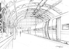 a pencil drawing of a subway station