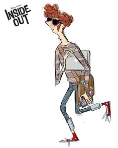 a drawing of a woman with red hair and sunglasses carrying a suitcase in her hand