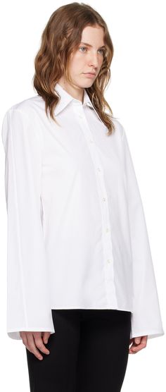 Cotton poplin blouse with detachable shawl. · Spread collar · Button closure Supplier color: White Timeless Daywear Blouse With Concealed Placket, Timeless Blouse With Fold Down Collar For Daywear, Classic Formal Poplin Blouse, Elegant Long Sleeve Poplin Shirt, Classic White Blouse With Hidden Buttons, Classic White Blouse With Hidden Button Closure, Classic Blouse With Lapel Collar And Buttons, Timeless Office Blouse With Lapel Collar, Chic Poplin Shirt For Work