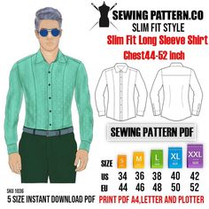 the sewing pattern is shown for men's long sleeve shirt and pants, which are also available in sizes ranging from 3xl to 4xl