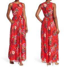 Size: 2 Bust: 32-34 In. Waist: 26 In. Details & Care A Matching Belt Cinches The Waist Of This Dreamy Floral-Patterned Dress Designed In A Timeless Sleeveless Silhouette. 56" Length Crew Neck Sleeveless Back Zip Closure Lined 100% Polyester Machine Wash, Tumble Dry Imported Red Sleeveless Maxi Dress For Spring, Red Floral Print Sleeveless Dress For Spring, Sleeveless Chiffon Maxi Dress Lined, Red Sleeveless Lined Maxi Dress, Red Flowy Sleeveless Dress, Flowy Red Sleeveless Maxi Dress, Red Floral Print Elegant Sleeveless Dress, Red Sleeveless Flowy Maxi Dress, Red Floral Maxi Dress