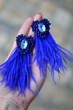 Feather earrings Royal ultramarine blue heart tassel Natural ostrich Watterfall beaded crystal earrings Bohemian boho Statement beadwork Bohemian Fringe Chandelier Earrings For Party, Elegant Summer Jewelry With Beaded Fringe, Bohemian Feather Earrings For Party, Bohemian Party Jewelry With Feathers, Party Feather Dangle Jewelry, Bohemian Handmade Tassel Earrings For Wedding, Party Jewelry With Feather Dangles, Party Jewelry With Dangle Feathers, Handmade Bohemian Tassel Earrings For Party