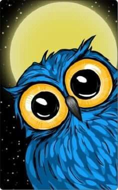 an owl with big yellow eyes sitting in front of a full moon and stars background