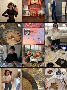 a collage of photos showing people taking pictures with their cell phones and eating food