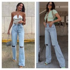 Zara Blogger Ripped Wide Leg Jeans Ripped Wide Leg Jeans Outfit, Wide Leg Jeans With Heels, Zara Jeans Outfit, Sporty Glam, Ripped Wide Leg Jeans, Cute Going Out Outfits, Manhattan Night, Wide Leg Black Jeans, Business Casual Style