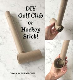 the diy golf club or hockey stick is made out of toilet paper and rolled up