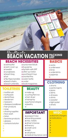 the beach vacation packing checklist is shown in this graphic style, with an image of a