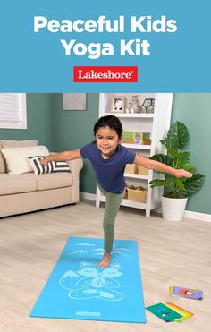 a young boy is practicing yoga on a blue mat with the words peaceful kids yoga kit