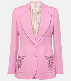 Luxury Spring Blazer With Lapel Collar, Chic Spring Blazer With Patch Pockets, Luxury Spring Blazer With Welt Pockets, Spring Chic Blazer With Patch Pockets, Spring Embroidered Notch Lapel Blazer, Luxury Notch Lapel Blazer For Spring, Luxury Spring Blazer With Hidden Button Closure, Chic Long Sleeve Blazer With Floral Embroidery, Luxury Spring Outerwear With Floral Embroidery