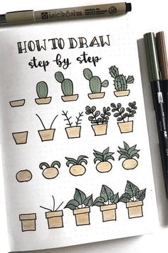 an open notebook with some plants on it and the words how to draw step by step written