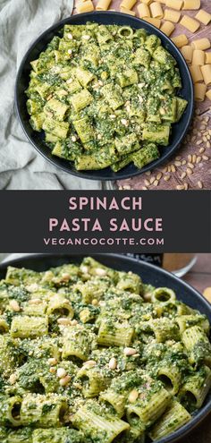 spinach pasta with pesto sauce in a skillet and on the table next to it