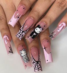 Halloween Hello Kitty Nails Short, Halloween Nail Designs Pink And Black, Cute Nail Designs Hello Kitty, Stilleto Nails Hello Kitty, Halloween Grunge Nails, Hello Kitty Scream Nails, Halloween Hello Kitty Nails Acrylic, Gothic Hello Kitty Nails, Pink Hello Kitty Halloween Nails