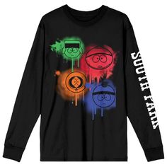 Immerse yourself in the irreverent world of South Park with this women's black crew neck long sleeve shirt. Featuring spray paint-style images of Kyle, Cartman, Kenny, and Stan in colors that resonate with their personalities, this shirt adds a unique artistic flair to your wardrobe. The white letters on the left sleeve elegantly display the series logo, showcasing your dedication to the show. Crafted from a blend of cotton and polyester, this shirt offers both comfort and durability. For easy c South Park Shirt, Paint Trends, White Letters, South Park, Personalities, Spray Paint, Long Sleeve Shirt, Sleeve Shirt, Top Shirt