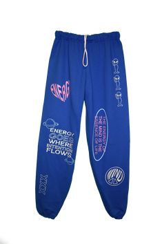 blue energy sweatpants. Energy goes where intention flows. The energy of the mind is the essence of life. Practice Outfits, Concept Clothing, Futuristic Fashion, Graphic Design Fun, Sweatpants Set, Sweat Shorts, New T, So Excited, Royal Blue