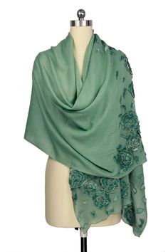 Discover the Wool Velvet Flower Scarf, a captivating blend of texture and elegance. A mint green wool base sets the stage for exquisite velvet floral motifs that cascade down the scarf. Finished with a delicate scalloped hem, this piece effortlessly elevates any outfit, from workday chic to weekend adventures. Length: 190 cm Width: 70 cm Velvet Flower, Velvet Rose, Embroidered Scarf, Bridal Shawl, Flower Scarf, Velvet Flowers, Wool Wrap, Green Wool, Green Velvet