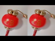 two pictures of the same red object with gold decorations on it's headphones