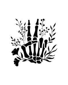 a black and white silhouette of a hand with flowers