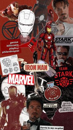 the collage shows iron man, tony stark and more