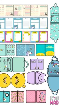 a collection of planner pages and binders with unicorns in pastel colors on them