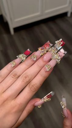 follow for more! Long Charm Nails, Gold Bling Nails, Glamour Nails