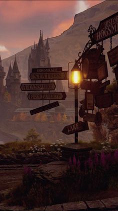 a street sign in front of a castle with lots of signs pointing to different locations