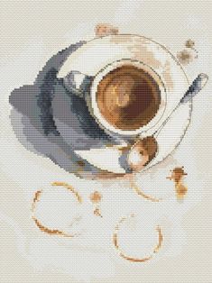 a cross stitch pattern with a coffee cup and saucer