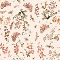 a floral wallpaper with pink flowers and butterflies on the back ground, in pastel colors