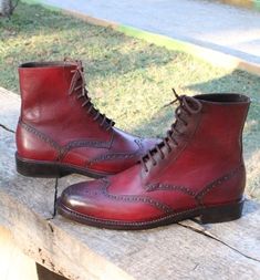 Burgundy Wingtip Men Ankle High Lace up Dress Boot sold by LeatherLooms. Shop more products from LeatherLooms on Storenvy, the home of independent small businesses all over the world. Fitted Wingtip Leather Shoes For Fall, Elegant Red Lace-up Boots, Burgundy Ankle Boots For Formal Occasions, Formal Fitted Snip Toe Lace-up Boots, Burgundy Snip Toe Boots For Formal Occasions, Fitted Leather Shoes With Round Toe For Galas, Fitted Boots With Red Sole And Almond Toe, Fitted Almond Toe Boots With Red Sole, Fitted Boots With Red Sole And Round Toe