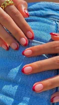 Oval Nails With Red Tips, Red French Tip Almond Nails Short, Nail Ideas Red Tips, Italian Tip Nails, Neutral Nails With Red Design, Red Tip Gel Nails French Manicures, Dipped Tip Nails, Base Color For French Manicure, Ted Tips Nails