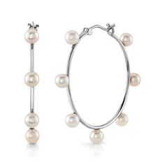 Simplicity and elegance have never made such a perfect combination. A beautiful earring featuring 4-5mm white freshwater pearls on an elegant 14K gold hoop. The earrings fall appx. 1 inch below the ear for that perfect look.  Available in white or yellow gold finish. Classic Hoop Pearl Drop Earrings, Classic Pearl Drop Hoop Earrings, Modern White Pearl Hoop Earrings, Formal Pearl Drop Hoop Earrings, Minimalist Hoop Pearl Earrings For Formal Occasions, Formal Hoop Earrings With Pearl Charm, Formal Minimalist Hoop Pearl Earrings, Classic Pearl Hoop Earrings, Classic Pearl Charm Hoop Earrings