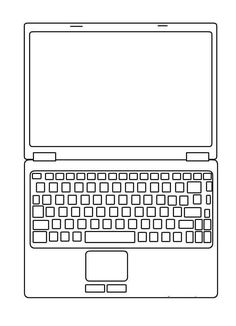 an open laptop computer with blank paper on the keyboard and mouse pad is shown in black and white